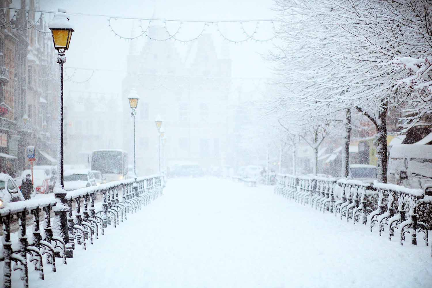 a snow covered street with benches and trees